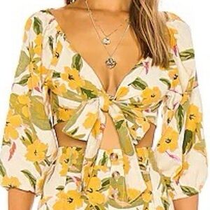 L*Space Vista Crop Top Yellow Floral Tie Front Puff Sleeve M